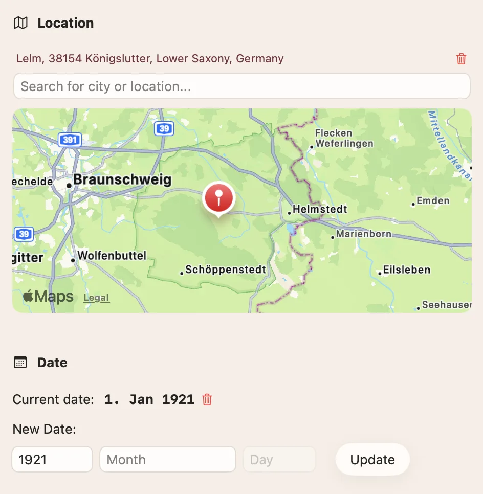 PhotoScanner location and date editor, with a map pin and a date set to January 1921