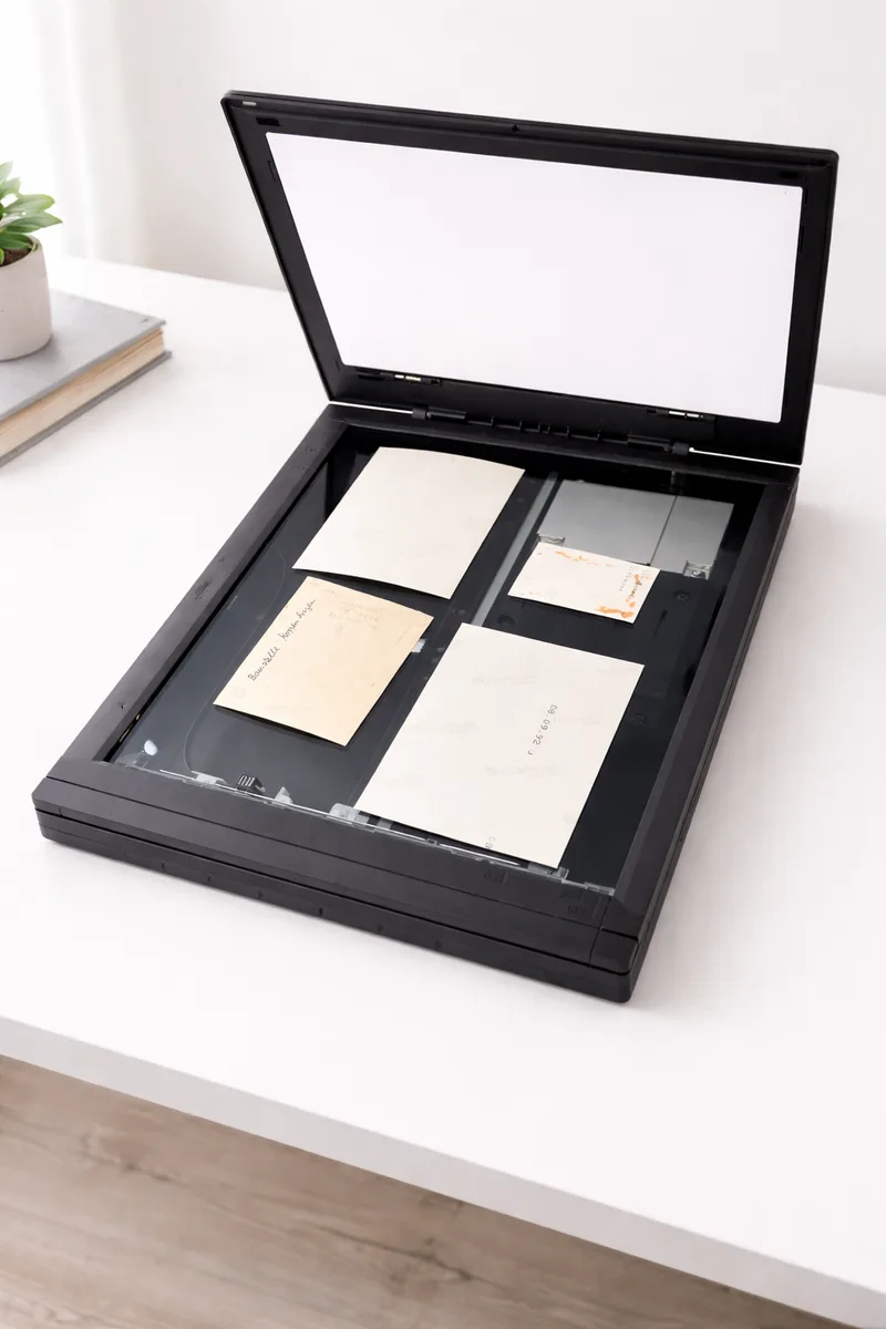Flatbed scanner with physical photos ready to scan